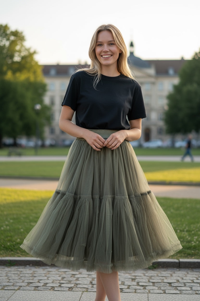 Saia Midi Tule Flora | Verde