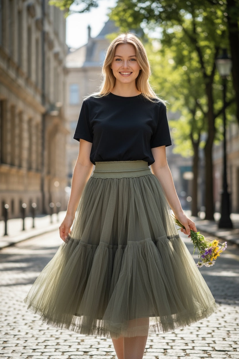 Saia Midi Tule Flora | Verde