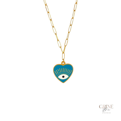 Colar de aço inoxidável com medalha Coração com “Olho” - Grine Store | Bijuterias