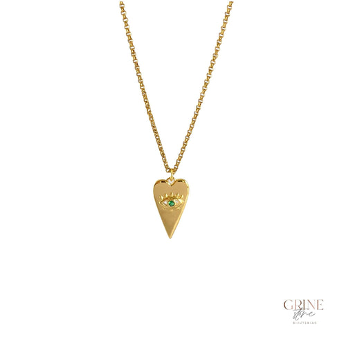 Colar de aço inoxidável com medalha “Coração e Olho da Sorte” - Grine Store | Bijuterias