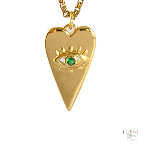 Colar de aço inoxidável com medalha “Coração e Olho da Sorte” - Grine Store | Bijuterias