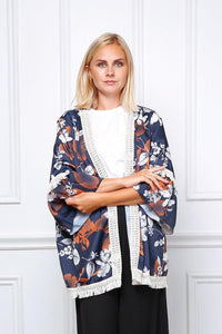 Quimono Floreal Com Franjas (azul) - Grine Store | Bijuterias