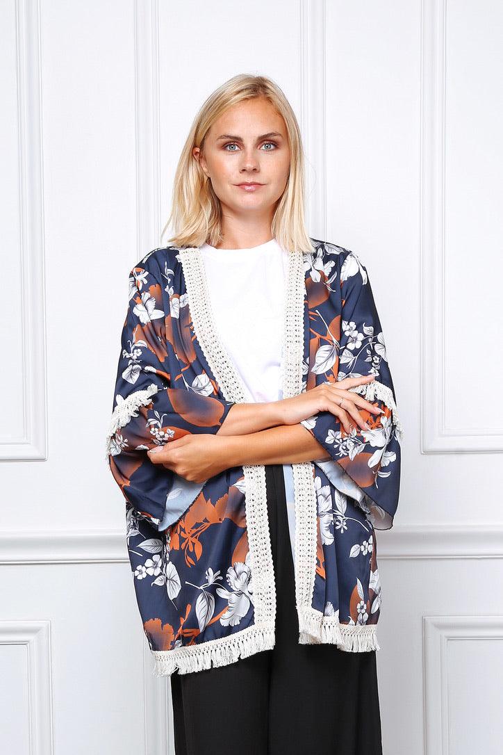 Quimono Floreal Com Franjas (azul) - Grine Store | Bijuterias