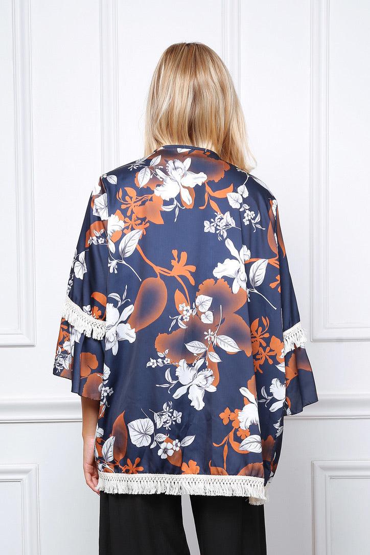 Quimono Floreal Com Franjas (azul) - Grine Store | Bijuterias