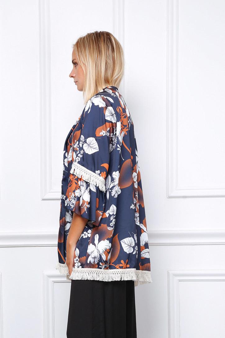 Quimono Floreal Com Franjas (azul) - Grine Store | Bijuterias