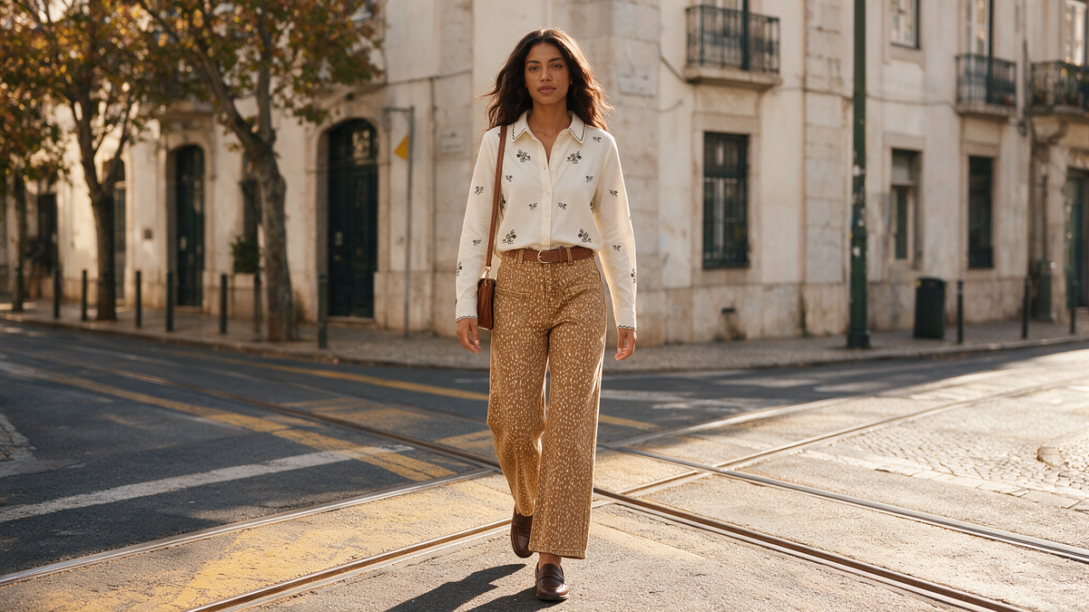 Mulher em Lisboa com calças wide leg camel e camisa branca bordada da GRINE
