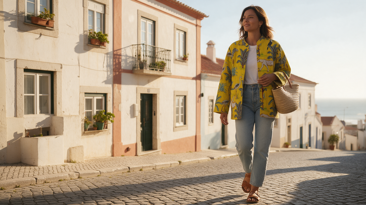 Mulher com casaco-kimono de algodão amarelo da GRINE, t-shirt branca e jeans