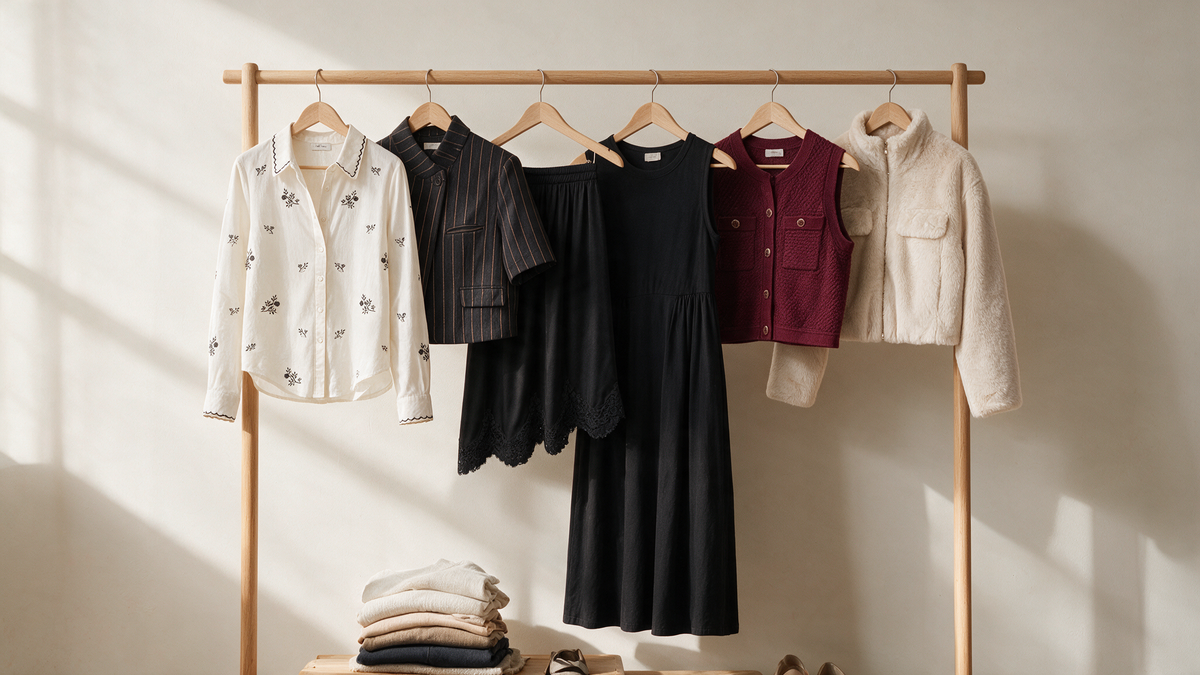 Guarda-roupa cápsula GRINE num cabide de madeira: camisa branca, blazer risca de giz, saia midi de renda, vestido preto, colete de malha e casaco de pêlo