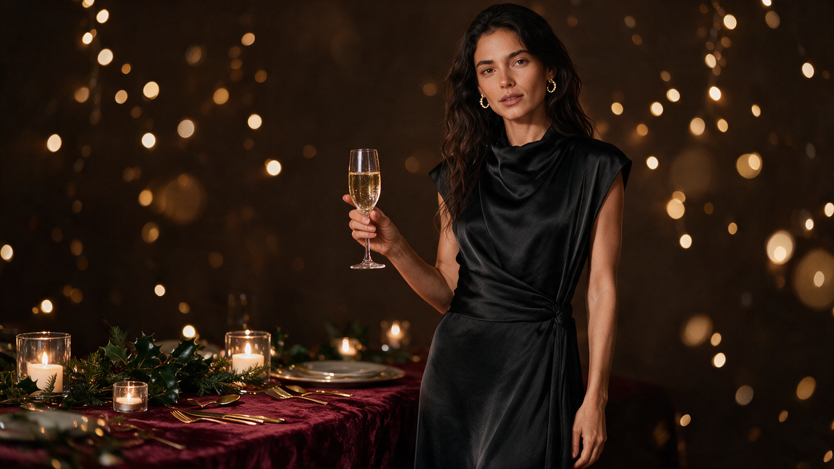 Mulher num jantar de Natal com vestido longo acetinado preto e brincos Diamond Girl da GRINE