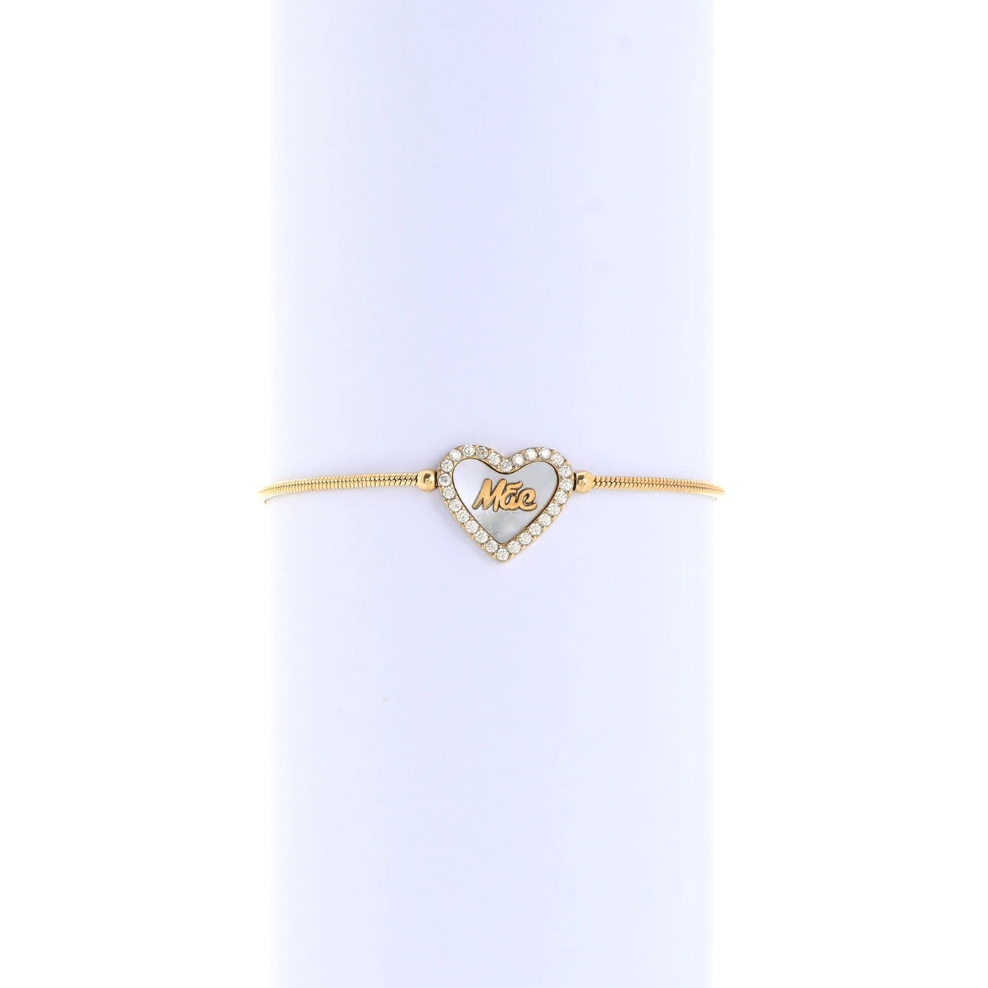 Pulseira madrepérola com palavra "Mãe" formato coração