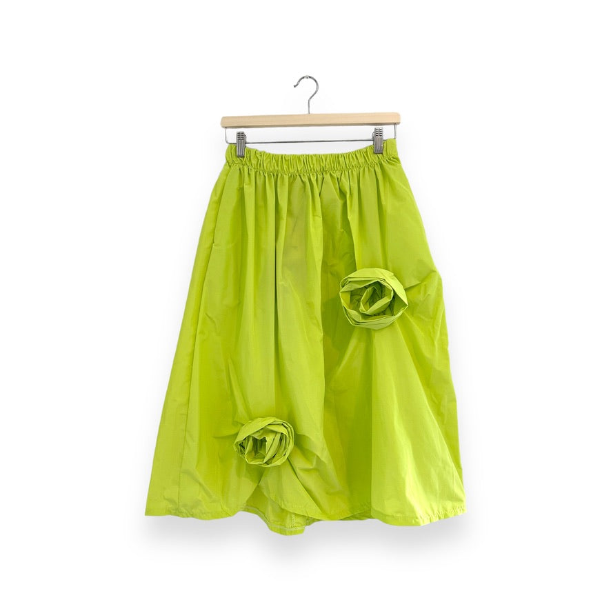 Lime Green Midi Skirt with Floral Appliques