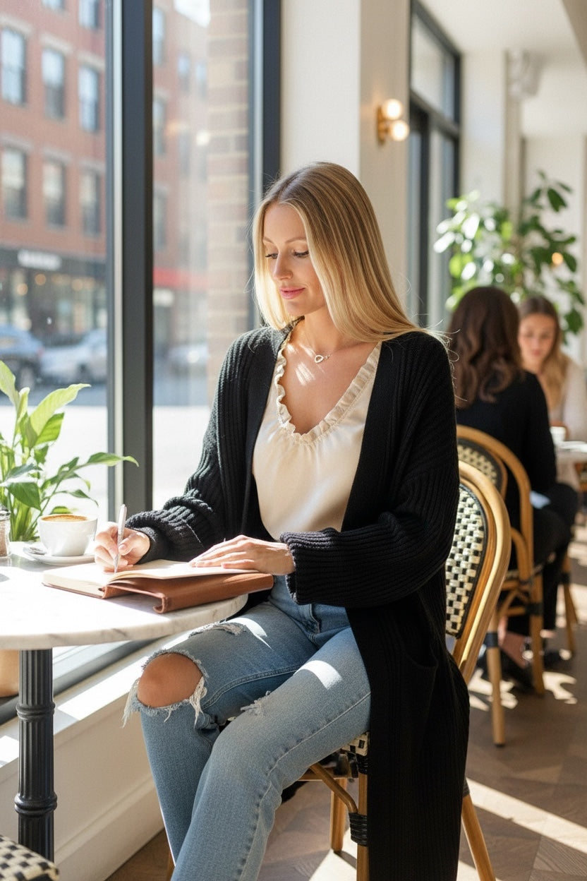 Casaco Comprido de Malha Canelado Bolsos|  Grace