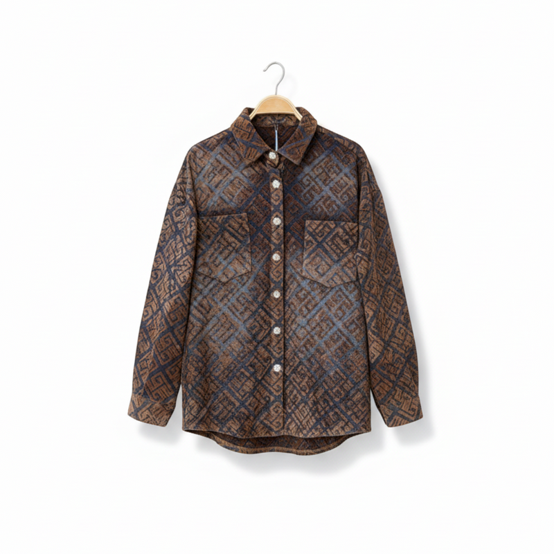 Sobrecamisa GRINE em veludo jacquard castanho e azul com padrão geométrico, botões prateados e bolsos frontais.