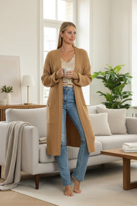 Casaco Comprido de Malha Canelado Bolsos|  Grace