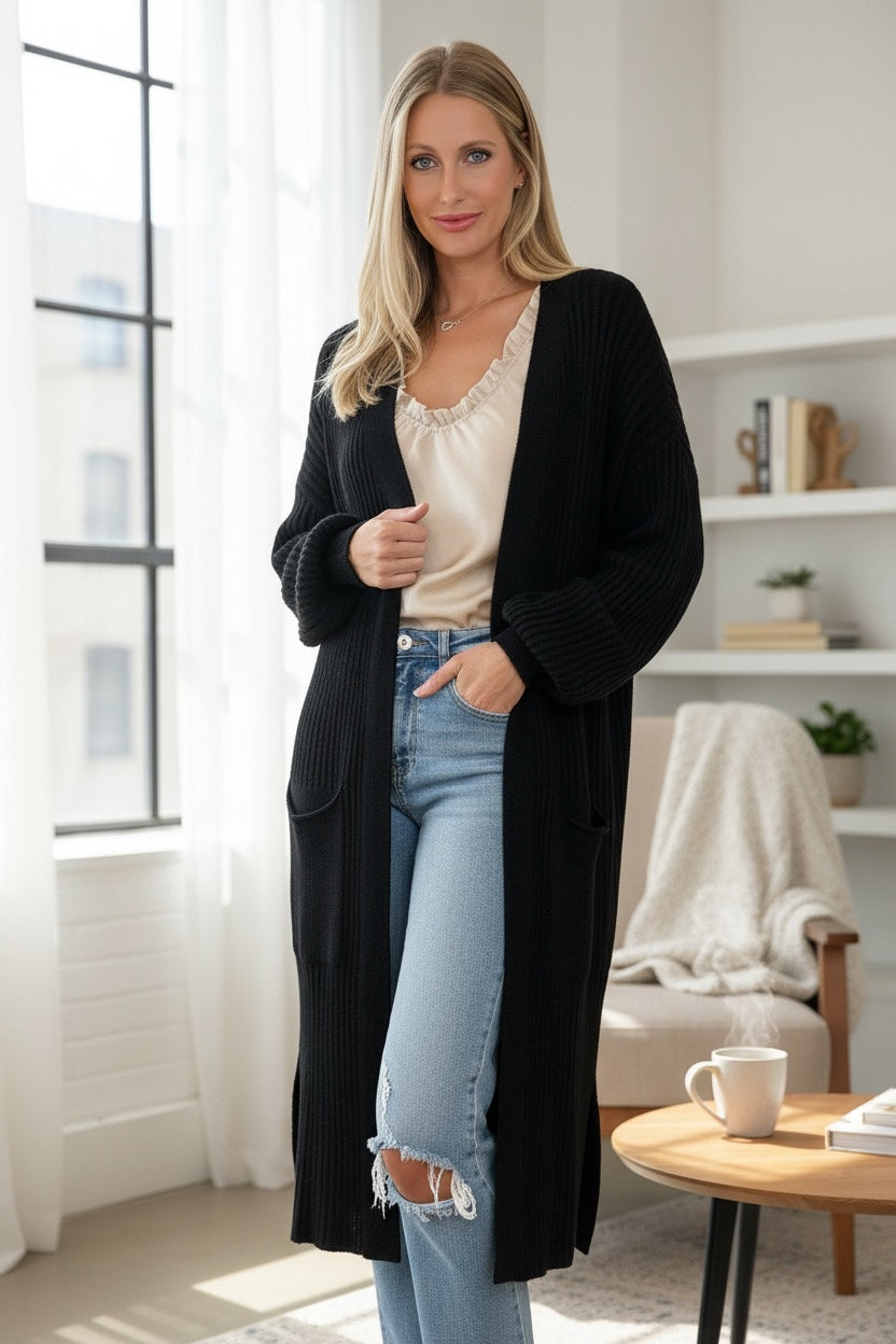 Casaco Comprido de Malha Canelado Bolsos|  Grace