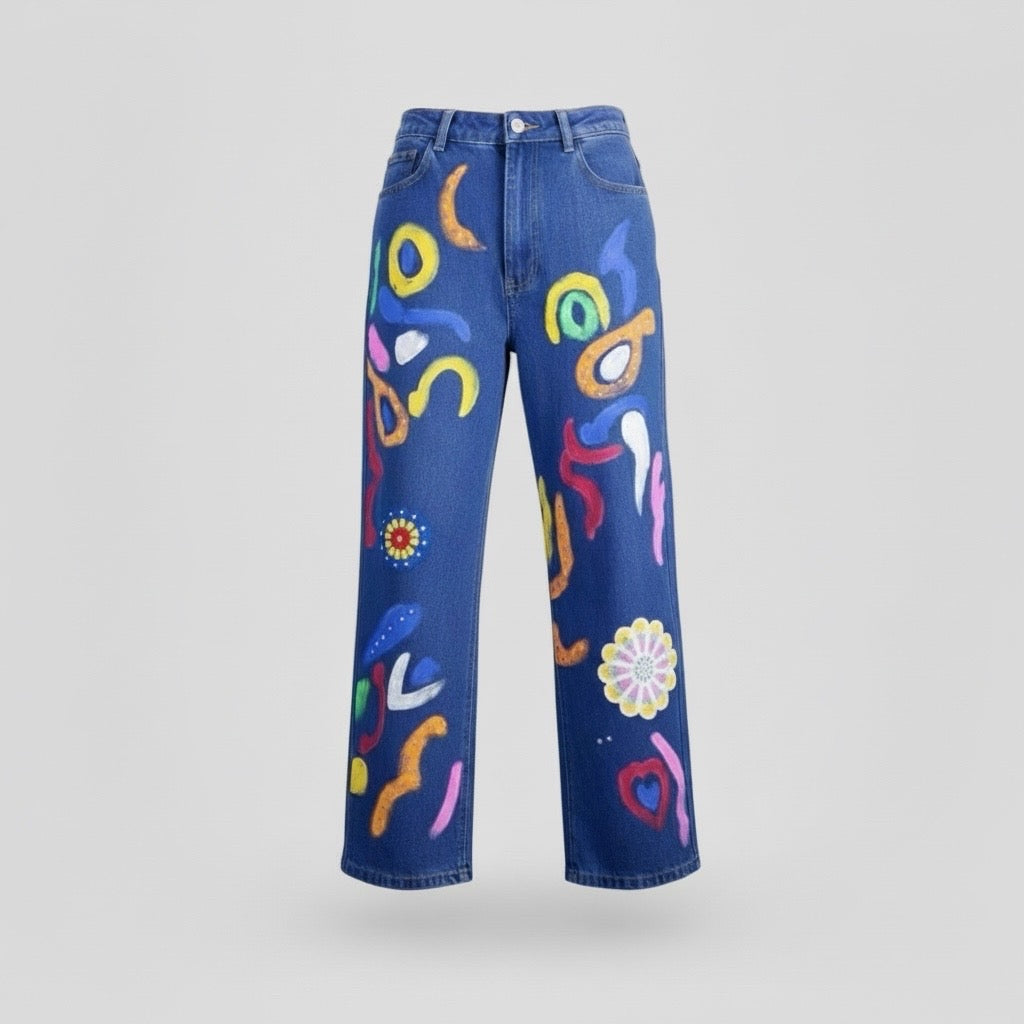 Calças de ganga ART pintadas à mão com bordados - modelo pantalona perna larga vista frontal