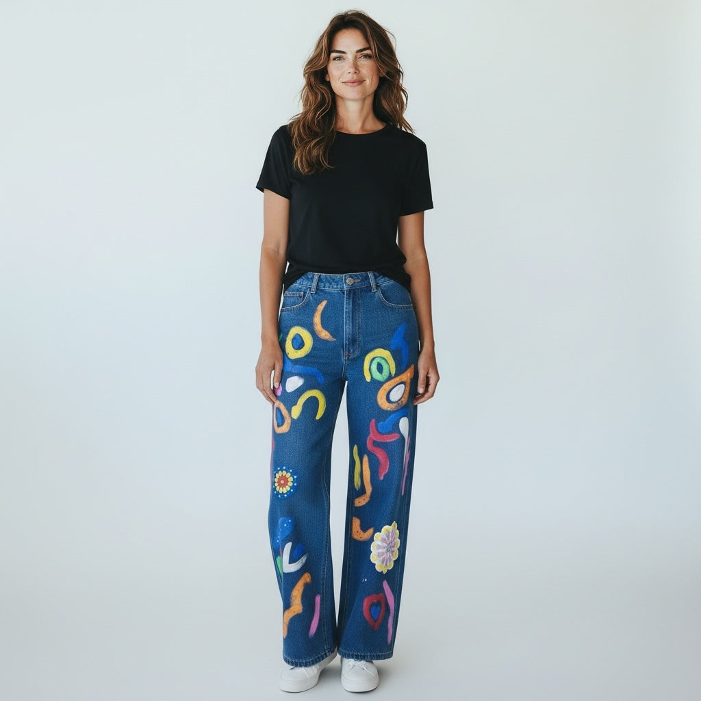 Calças de ganga artesanais ART com brilhantes aplicados - detalhe da pintura à mão