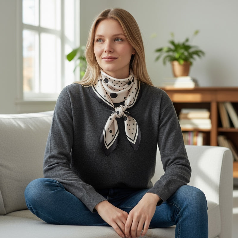 Lenço Quadrado Acetinado | Bolas Branco e Preto