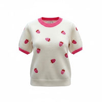 Blusa Malha Manga Curta Morangos | Bordado