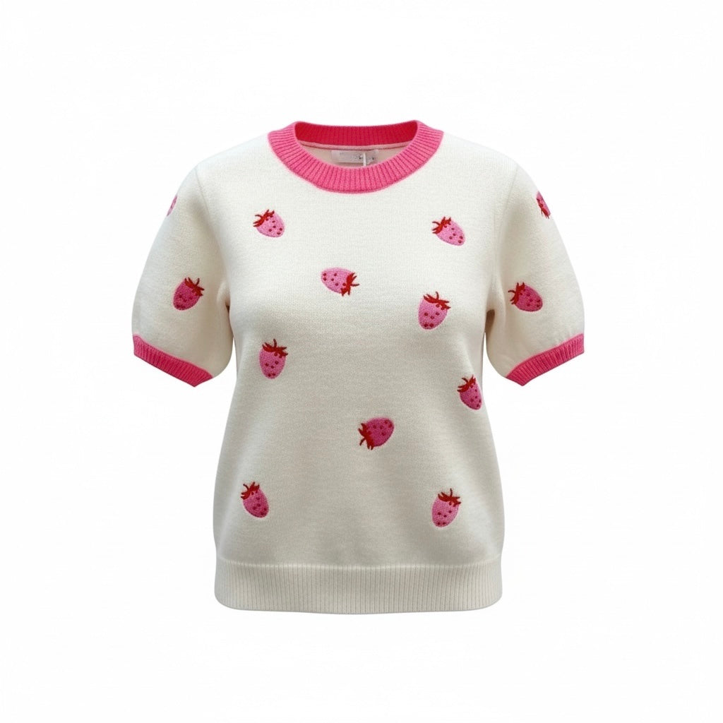 Blusa Malha Manga Curta Morangos | Bordado