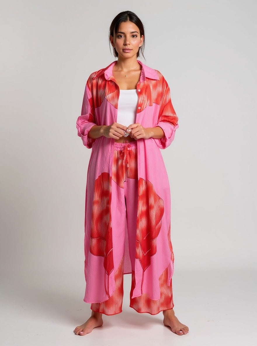 Kimono Floral Rosa e Vermelho com Bolsos