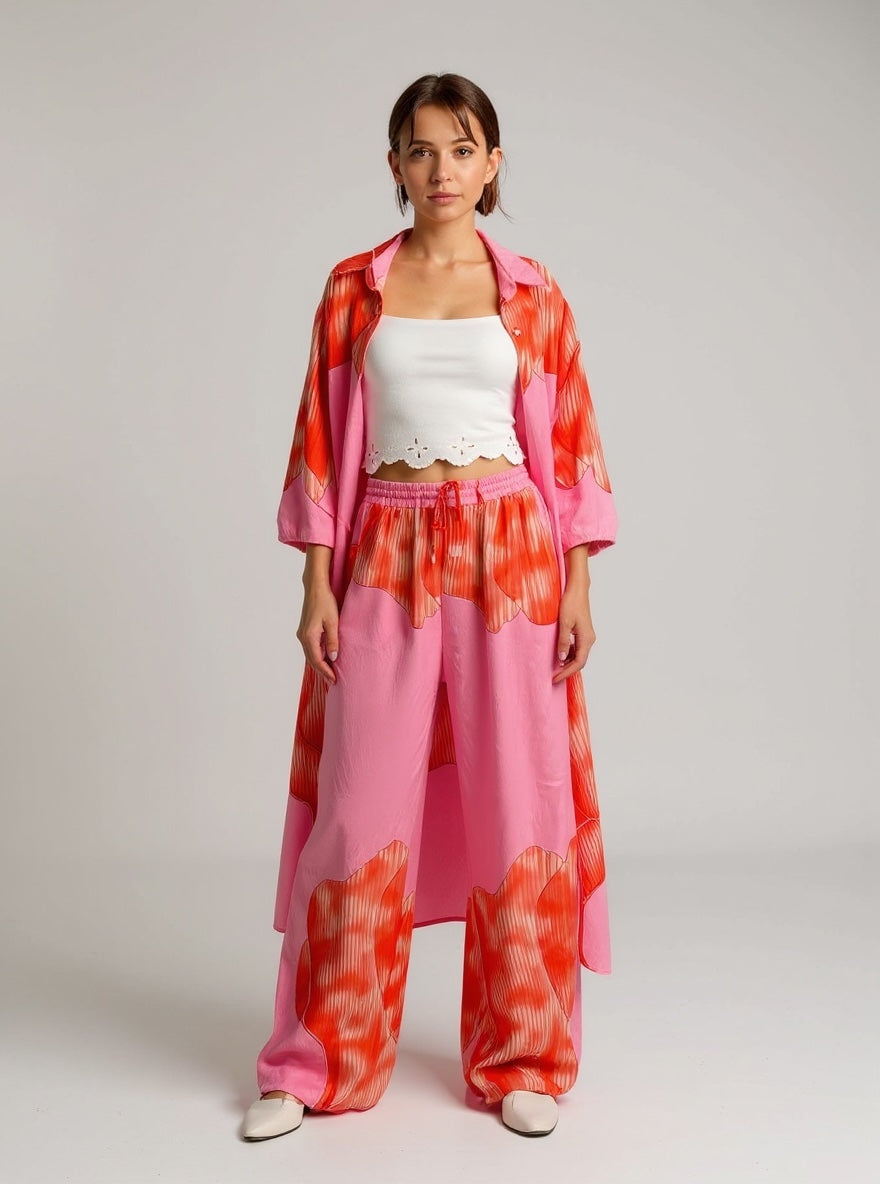 Kimono Floral Rosa e Vermelho com Bolsos