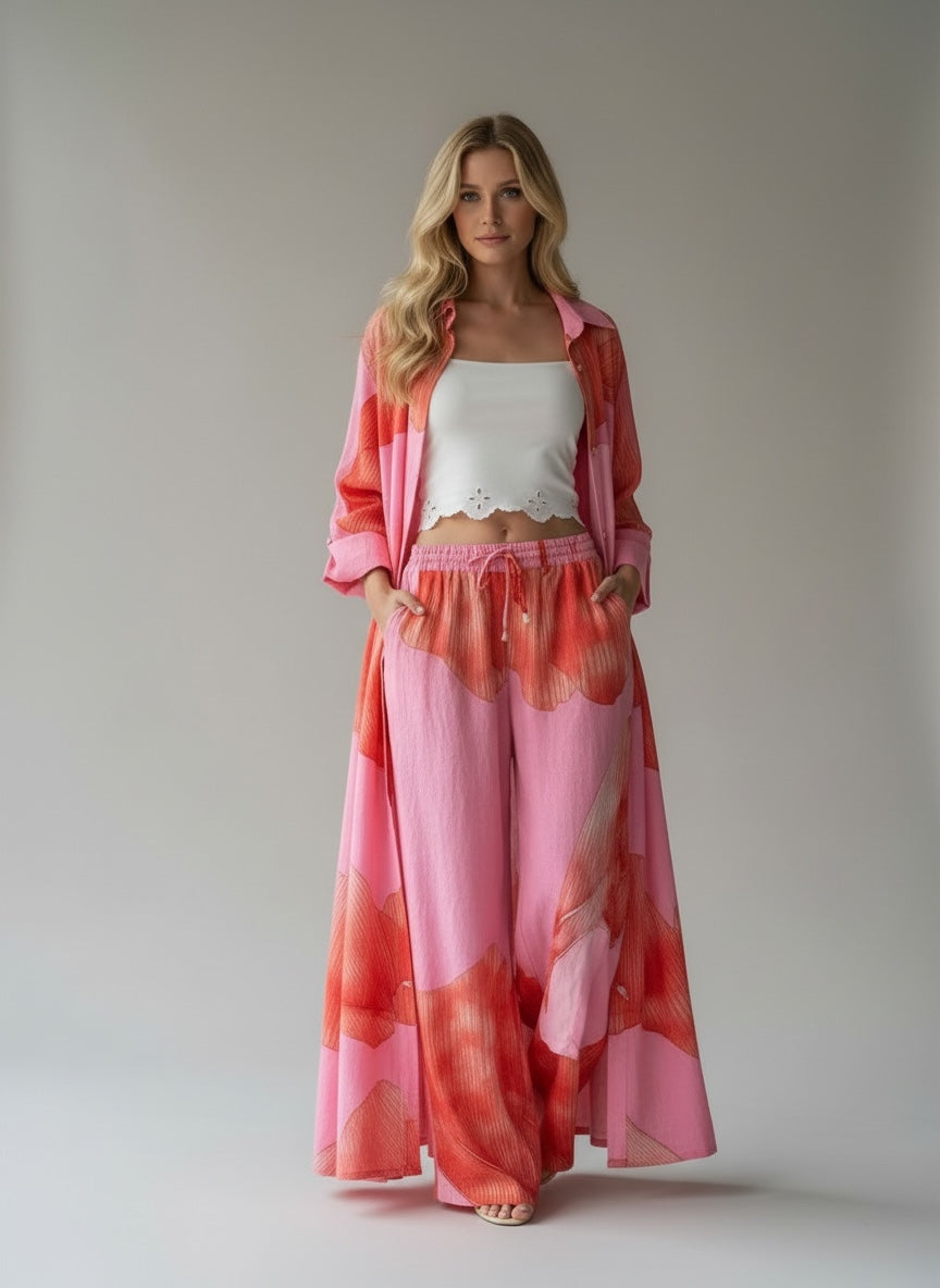 Kimono Floral Rosa e Vermelho com Bolsos