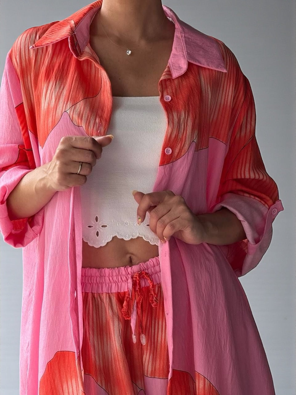 Kimono Floral Rosa e Vermelho com Bolsos