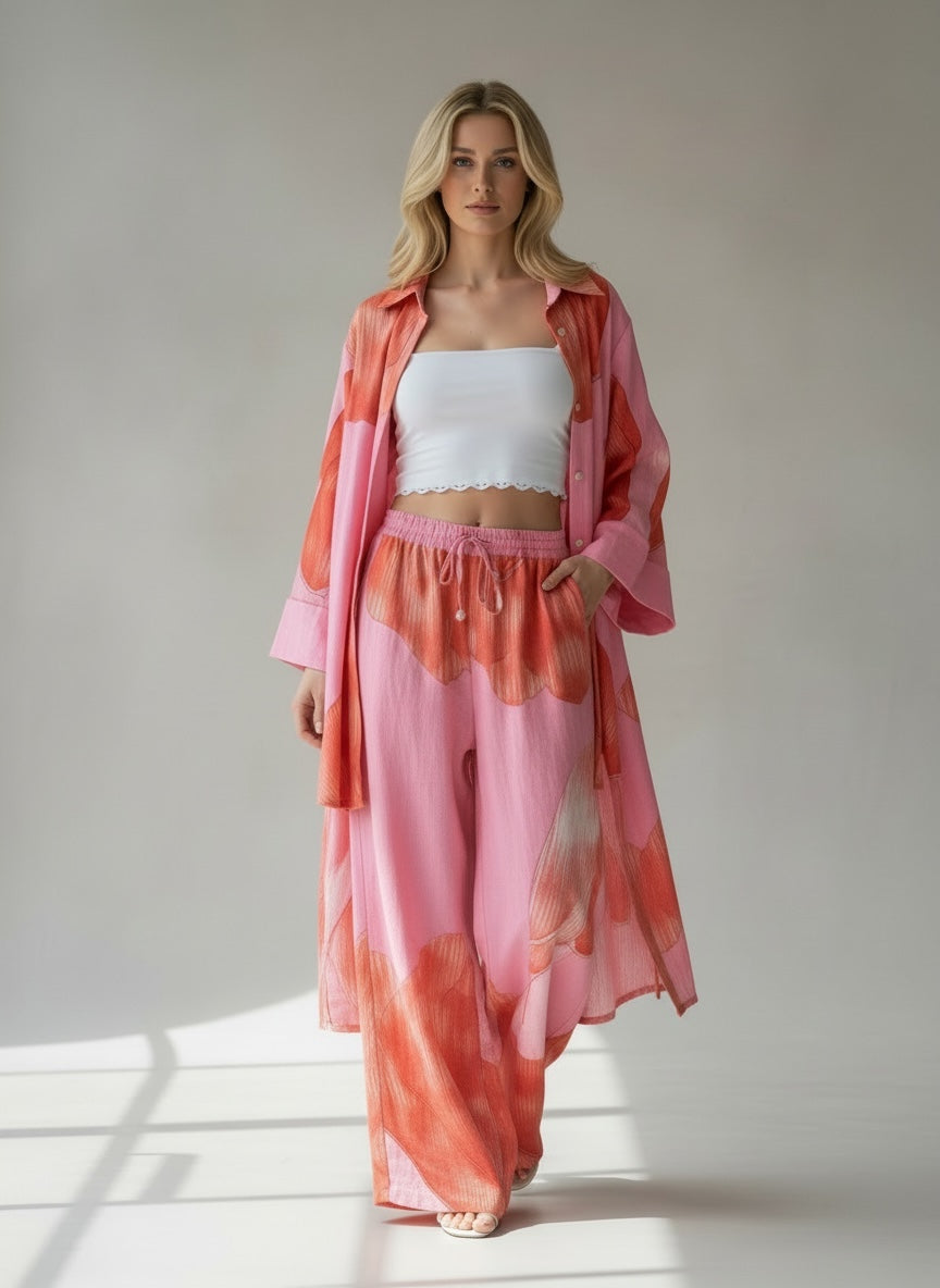 Calças Florais Rosa e Vermelho com Bolsos