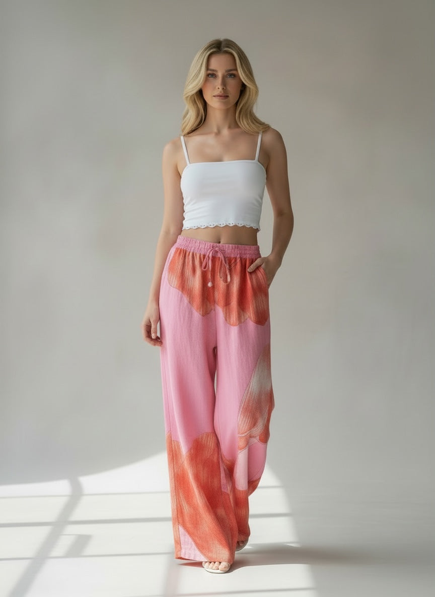 Calças Florais Rosa e Vermelho com Bolsos