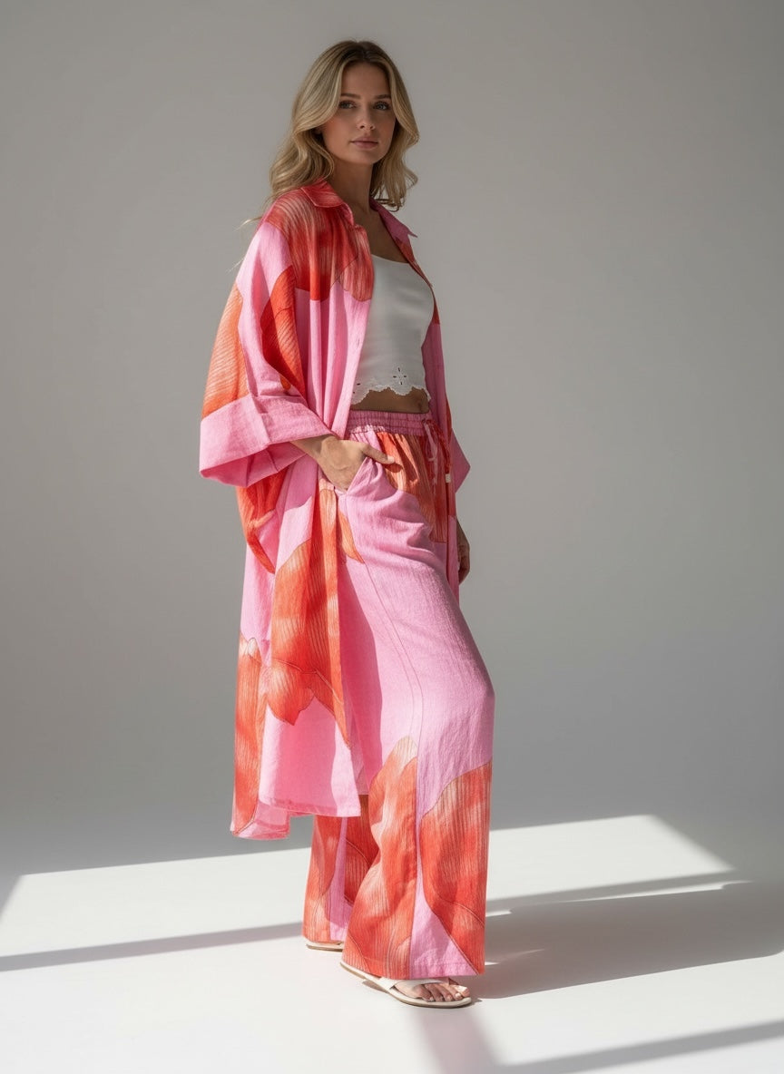 Calças Florais Rosa e Vermelho com Bolsos