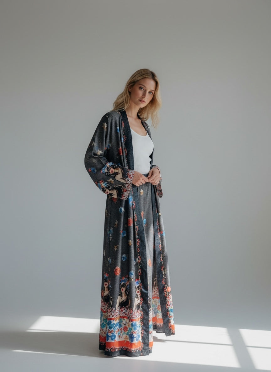 Calças Cinzentas Florais com Bolsos