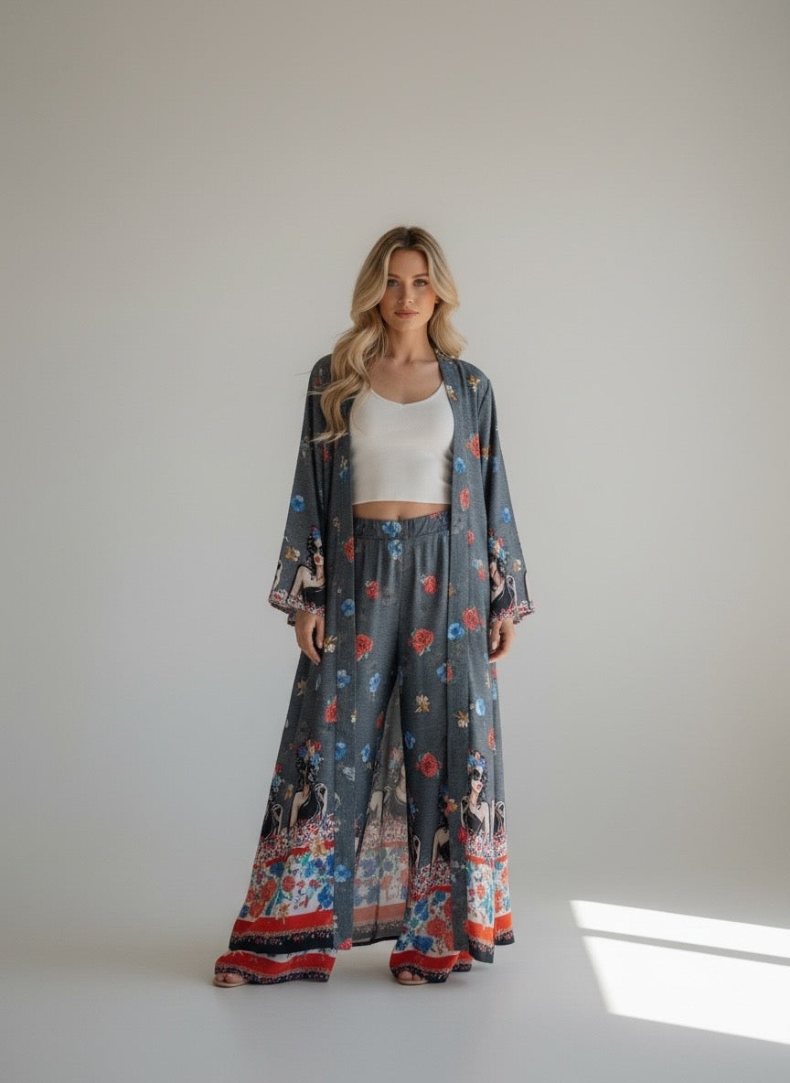 Kimono Cinzento Floral | Comprido Fluido