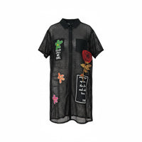 Vestido Camiseiro Preto Comprido em Rede com Pérolas