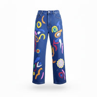 Calças de Ganga ART Pintadas à Mão - Perna Larga