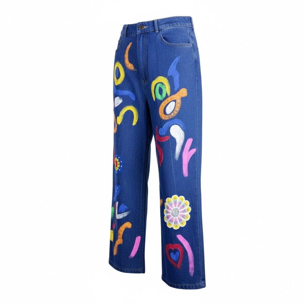 Calças de Ganga ART Pintadas à Mão - Perna Larga