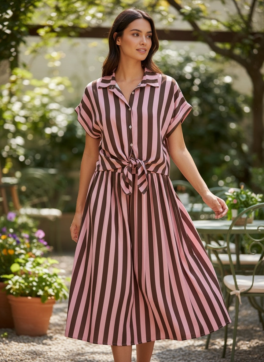 Saia Midi de Algodão Riscas Rosa