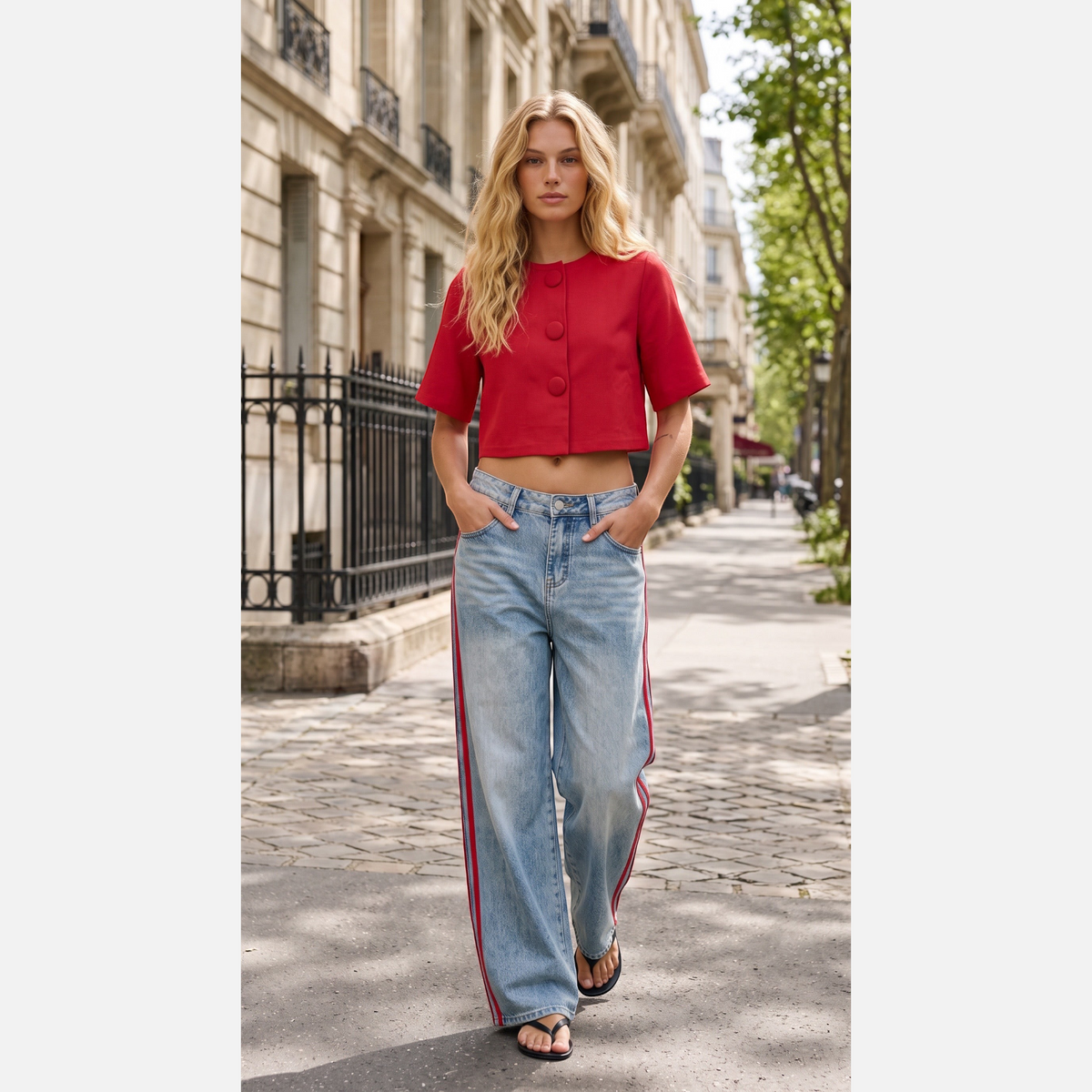 Modelo GRINE veste calças de ganga wide leg azul-clara com riscas laterais vermelhas em ambiente urbano.