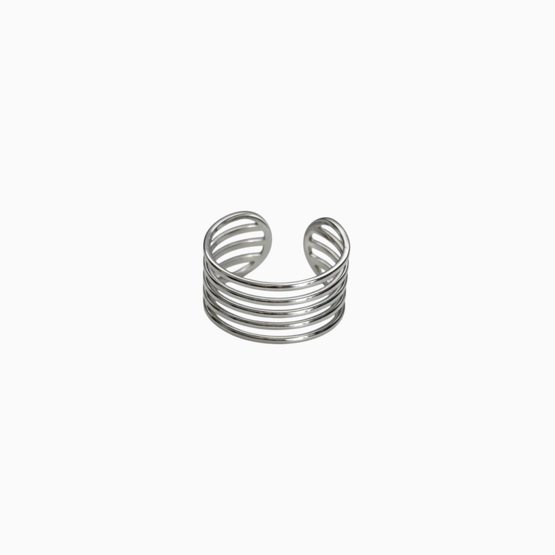 Anel GRINE de 5 elos em aço inoxidável prateado com design ajustável de estilo moderno e urbano.