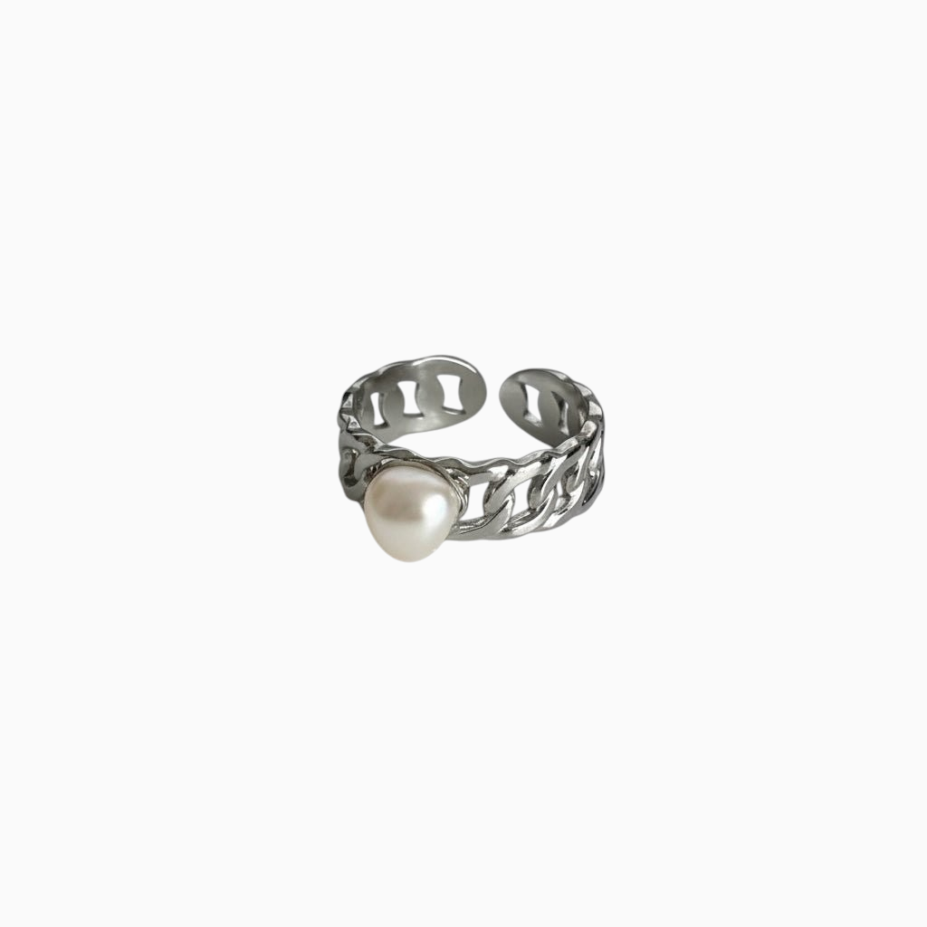 Anel GRINE ajustável em aço inoxidável prateado com design de corrente e pérola central elegante