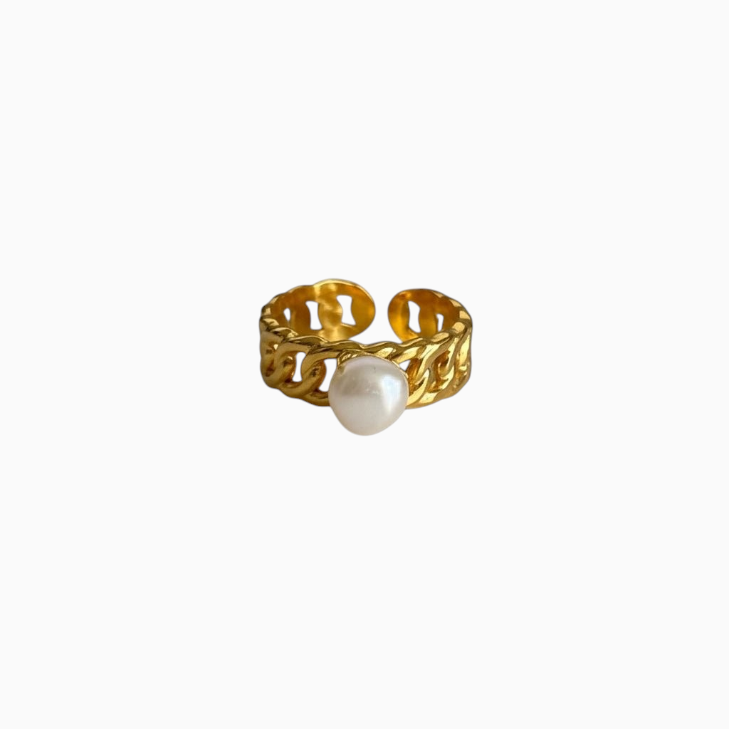 Anel GRINE ajustável em aço inoxidável dourado com design de corrente e pérola central elegante
