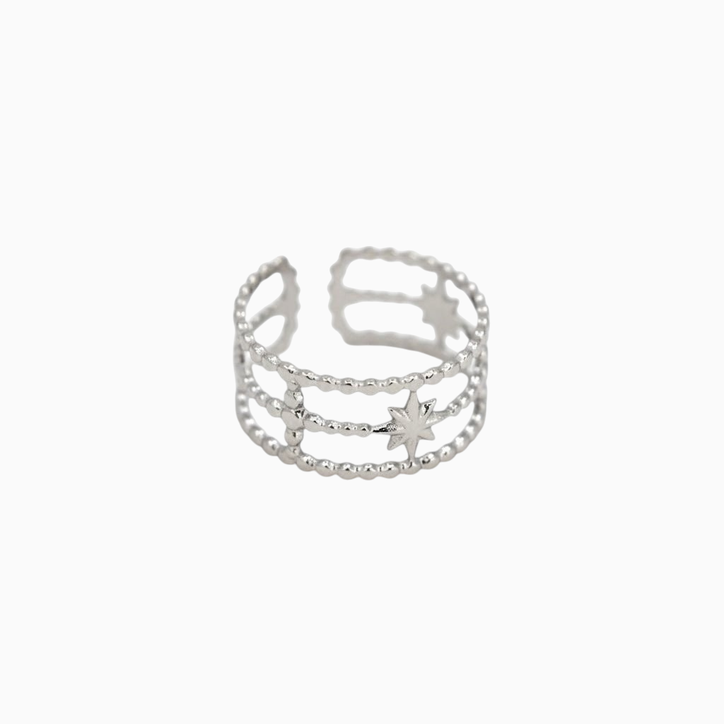 Anel GRINE Estrela Guia ajustável em aço inoxidável prateado com design de estrelas e textura de esferas