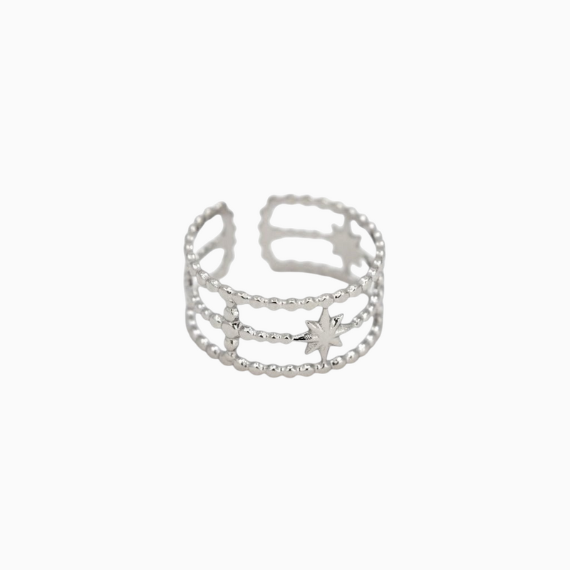 Anel GRINE Estrela Guia ajustável em aço inoxidável prateado com design de estrelas e textura de esferas