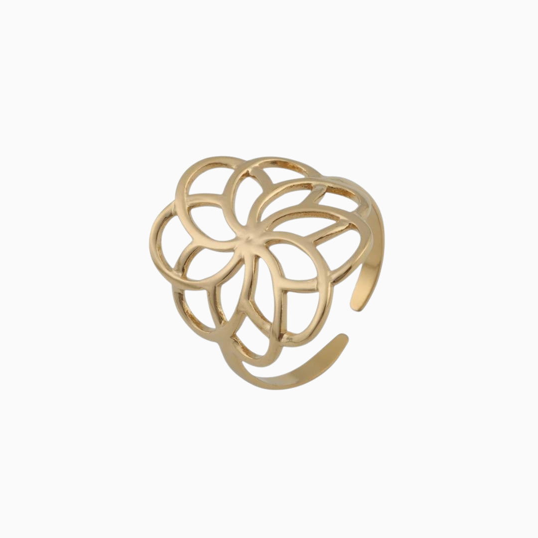 Anel GRINE com design de flor geométrica em acabamento dourado, estilo moderno e delicado.