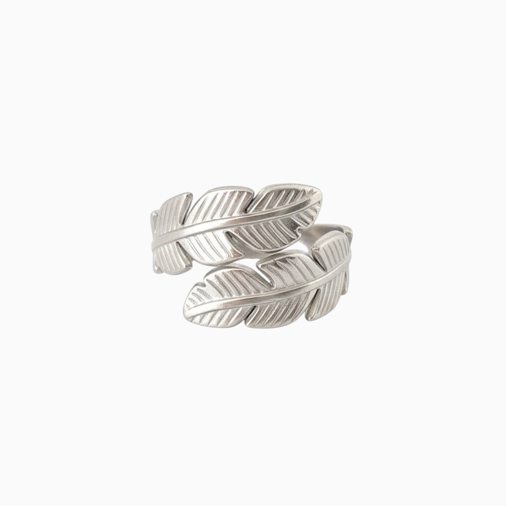Anel GRINE modelo Folha ajustável em aço inoxidável prateado com design de folhas entrelaçadas delicadas