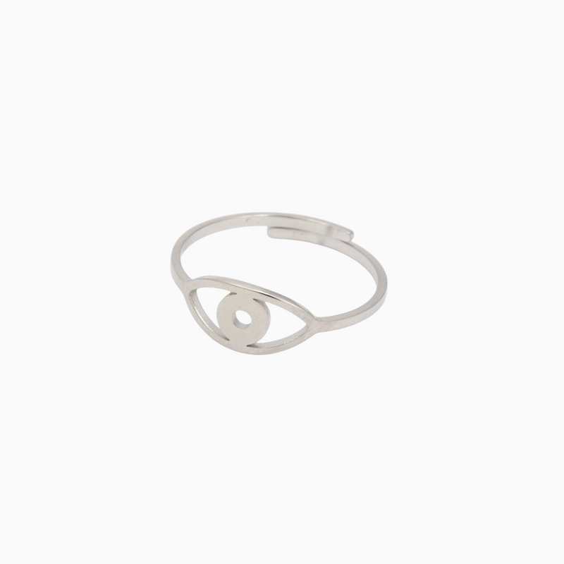 Anel GRINE Olho Místico minimalista em aço inoxidável prateado com design de olho protetor