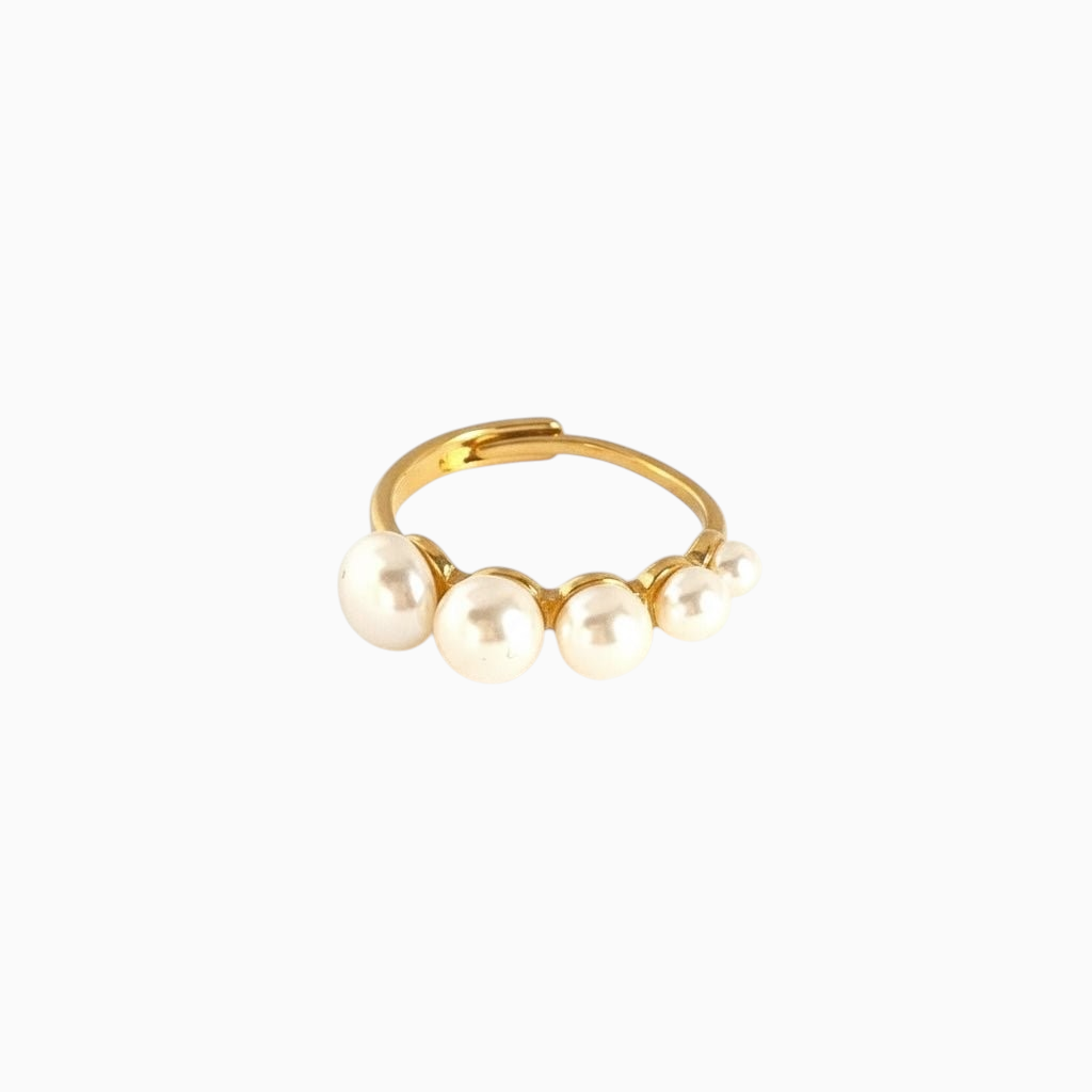 Anel GRINE ajustável com fileira de pérolas brancas radiantes em aro dourado para um visual sofisticado
