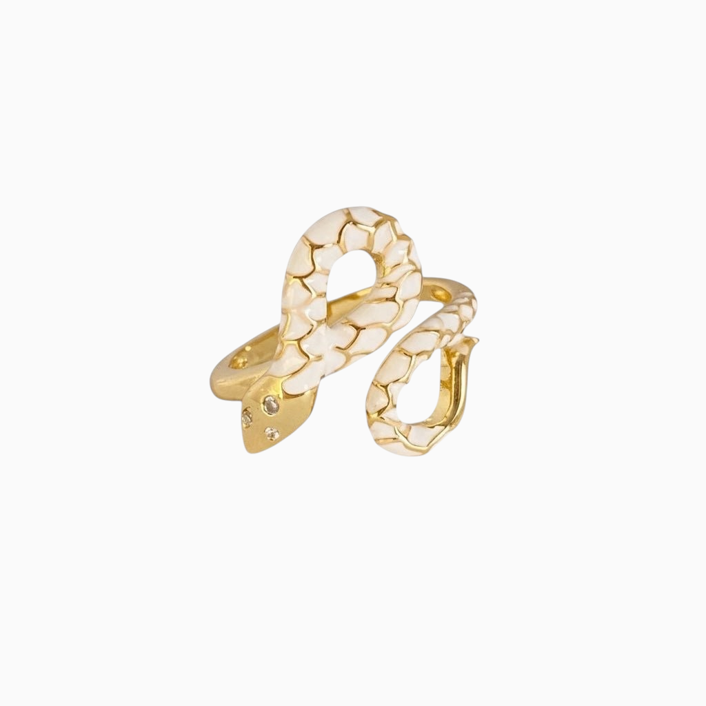Anel GRINE Serpente Encantada em ródio dourado com detalhes em esmalte branco e zircônias brilhantes nos olhos