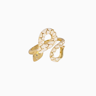 Anel GRINE Serpente Encantada em ródio dourado com detalhes em esmalte branco e zircônias brilhantes nos olhos