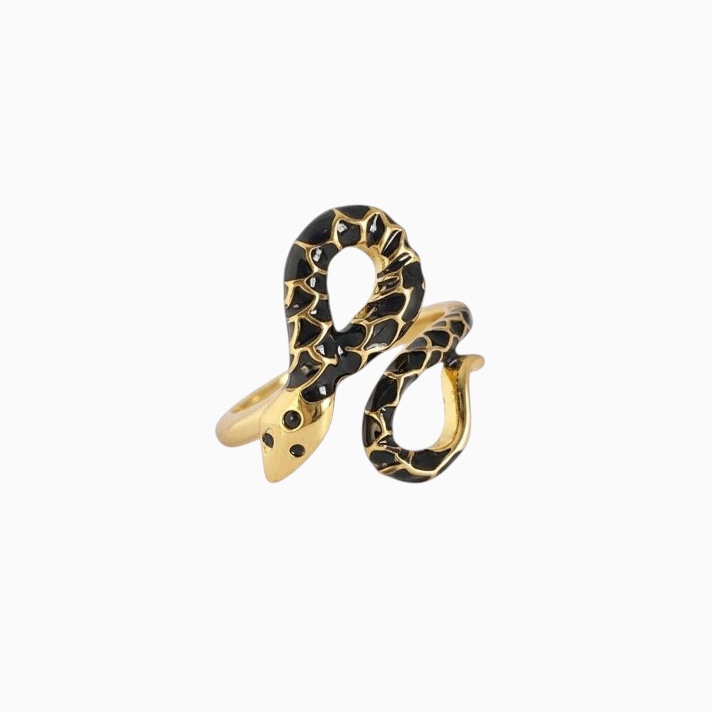 Anel GRINE Serpente Encantada em ródio dourado com detalhes em esmalte preto e olhos brilhantes